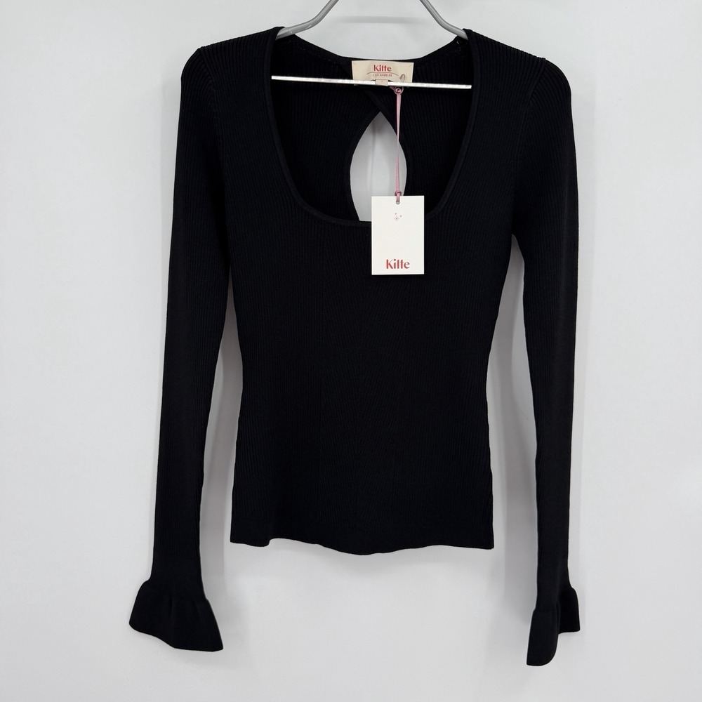 Kilte Collection Nelly Black Square Neck Ruffle Sleeve Ribbed Top S 1 HC346-BLK